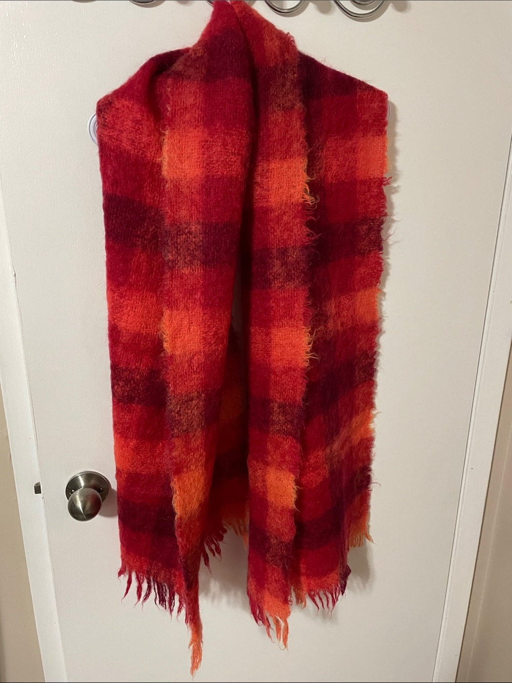 Vintage The Bay Red & Orange Plaid Mohair Wool Fringe Scarf